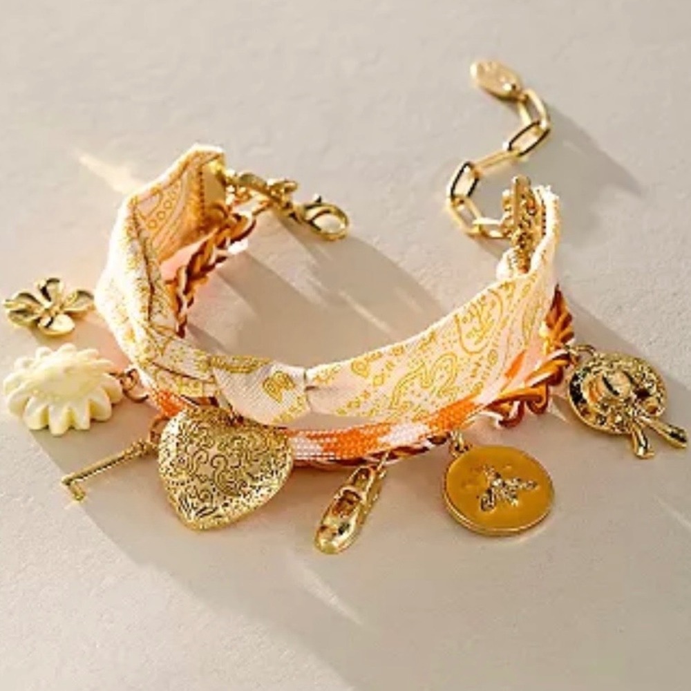 Free People High Noon Anklet NWT Yellow Orange Multi Charm Fabric Cord Boho